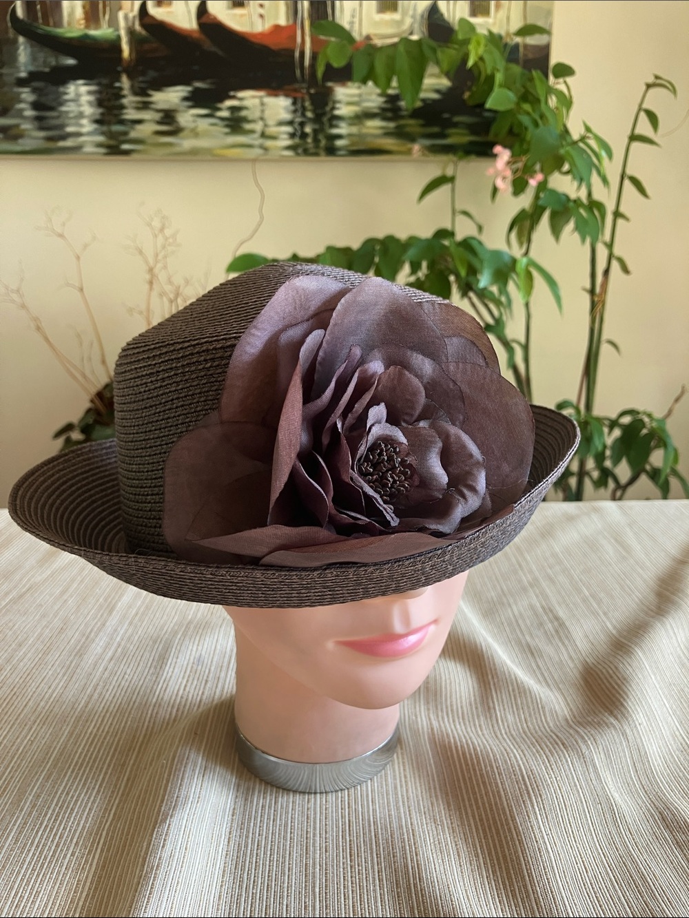 Chocolate Brown Straw Hat with Large Organza Fabric Flower